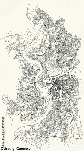 Black simple detailed street roads map on vintage beige background of Duisburg, Germany