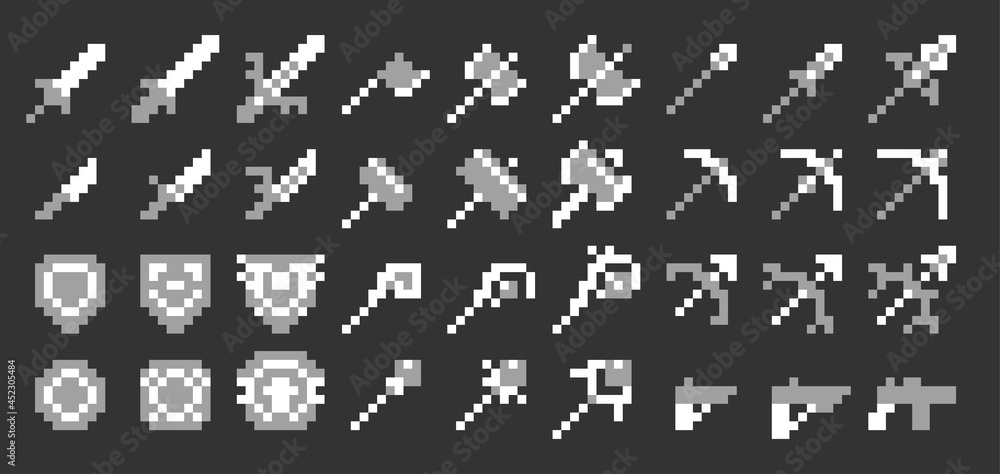 Pixel art vector game weapon icon set Pixel art vector game weapon icon set