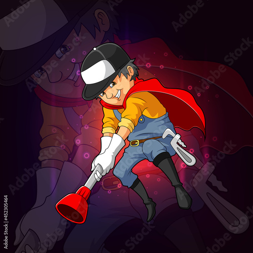 The super plumber holding the big plunger esport mascot design