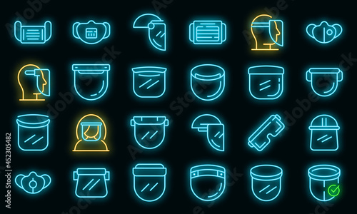 Face shield icons set. Outline set of face shield vector icons neon color on black