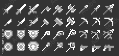 Pixel art vector game weapon icon set