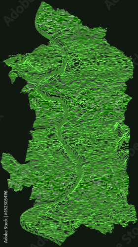 Topographic military radar tactical map of Duisburg, Germany with emerald green contour lines on dark green background