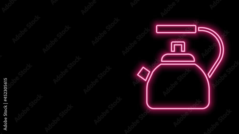 Glowing neon line Kettle with handle icon isolated on black background. Teapot icon. 4K Video motion graphic animation Glowing neon line Kettle with handle icon isolated on black background. Teapot icon. 4K Video motion graphic animation