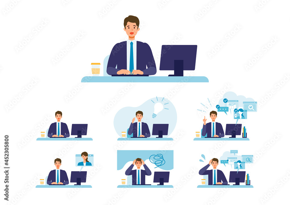 Telecommuting concept. Vector illustration of people having communication via telecommuting system. Concept for video conference, workers at home or office.
