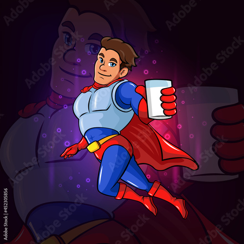 The cool superhero with glass full of milk for esport logo design