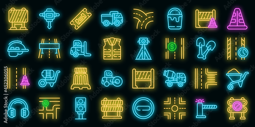 Highway construction icons set. Outline set of highway construction vector icons neon color on black Highway construction icons set. Outline set of highway construction vector icons neon color on black