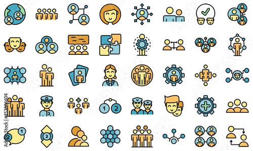 Crew icons set. Outline set of crew vector icons thin line color flat on white