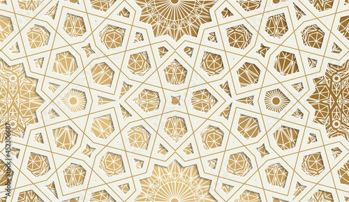 Decorative background for the celebration of Ramadan. Template for postcards. Oriental motive. Seamless pattern. Gold and white. Vector illustration.
