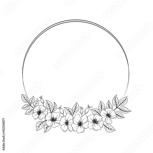 Wild rose flower wreath line art isolated