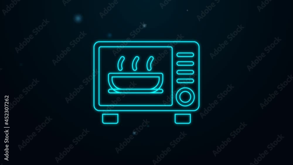 Glowing neon line Microwave oven icon isolated on black background. Home appliances icon. 4K Video motion graphic animation Glowing neon line Microwave oven icon isolated on black background. Home appliances icon. 4K Video motion graphic animation