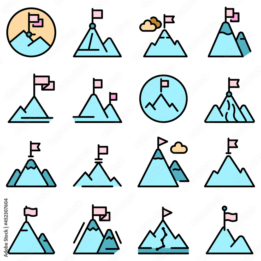 Flag on mountain icons set. Outline set of flag on mountain vector icons thin line color flat on white Flag on mountain icons set. Outline set of flag on mountain vector icons thin line color flat on white