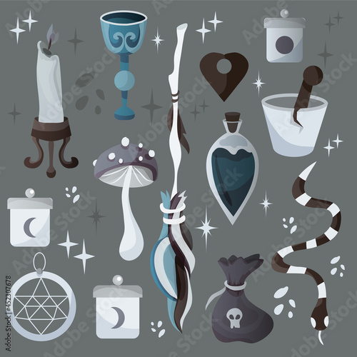 A set of mystical and magical elements. Vector illustration. Items for divination and magic. Mushrooms, broom, candles, potions, . A symbol of witchcraft. Suitable for banner, poster, postcards.