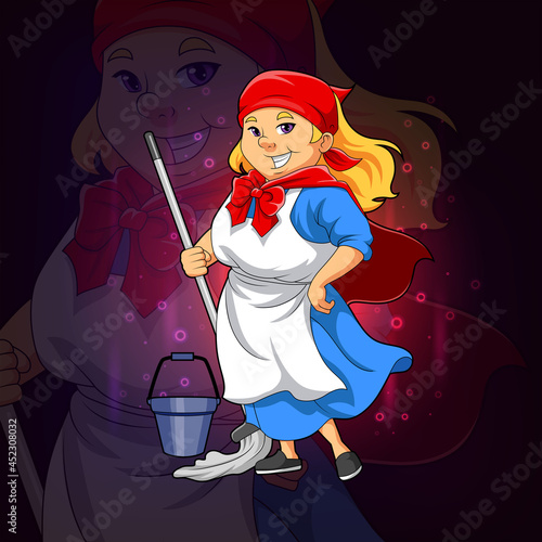 The super maid holds the mop for esport logo design