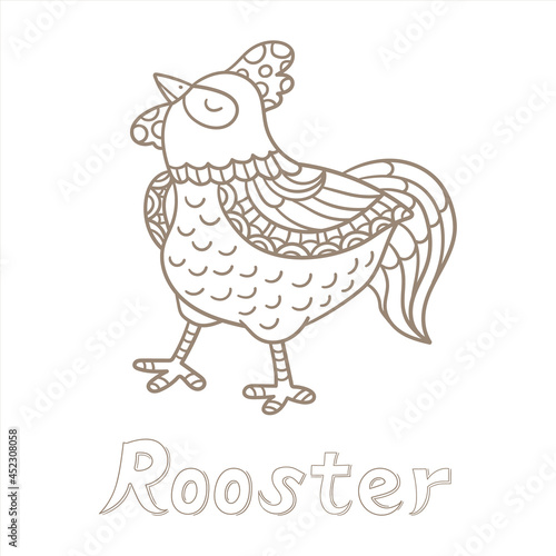Rooster. Vector flat illustration. Alphabet card. Cute cartoon animal card.