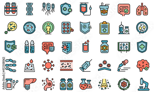 Immune system icons set. Outline set of immune system vector icons thin line color flat on white