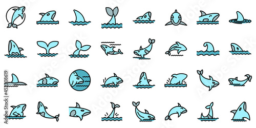 Killer whale icons set. Outline set of killer whale vector icons thin line color flat on white