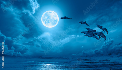 Silhoutte of beautiful dolphin jumping up from the sea at sunset with full moon "Elements of this image furnished by NASA "