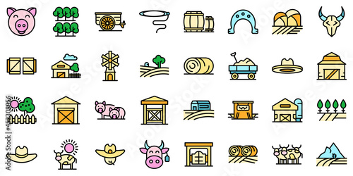 Ranch icons set. Outline set of ranch vector icons thin line color flat on white