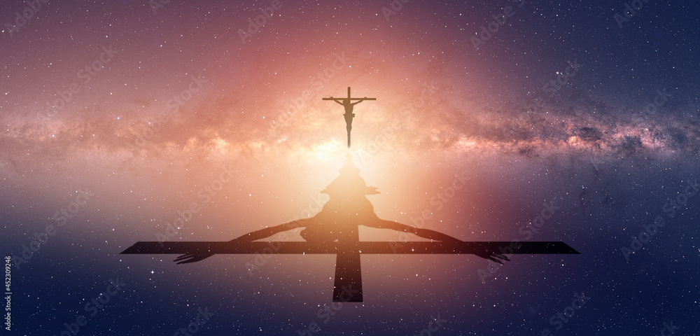 Jesus on the cross over the Milky way galaxy " Elements of this image furnished by NASA" - obrazy, fototapety, plakaty 