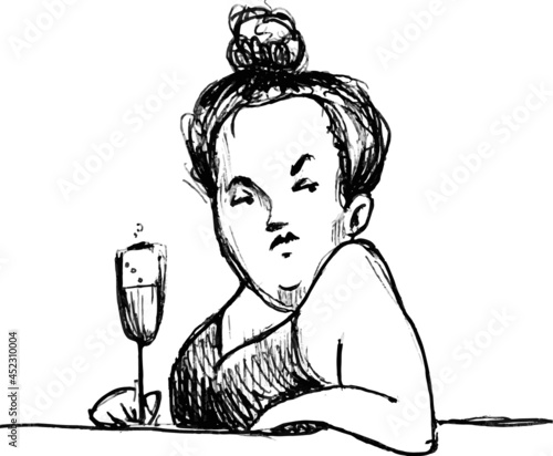 vector illustration of plump funny woman with glass of champagne
