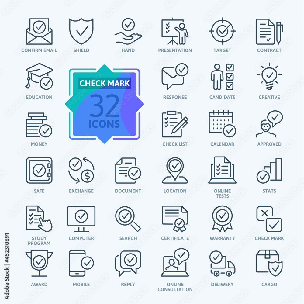 Check Marks sign - thin line web icon set. Contains such Icons as confirm, approved, check list, warranty and more. Outline icons collection. Simple vector illustration. Check Marks sign - thin line web icon set. Contains such Icons as confirm, approved, check list, warranty and more. Outline icons collection. Simple vector illustration.