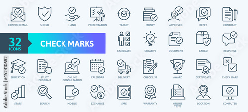 Check Marks sign - thin line web icon set. Contains such Icons as confirm, approved, check list, warranty and more. Outline icons collection. Simple vector illustration. photo