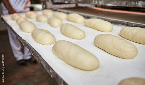 Raw dough bread on a oven-tray before baking in an oven at the manufacturing