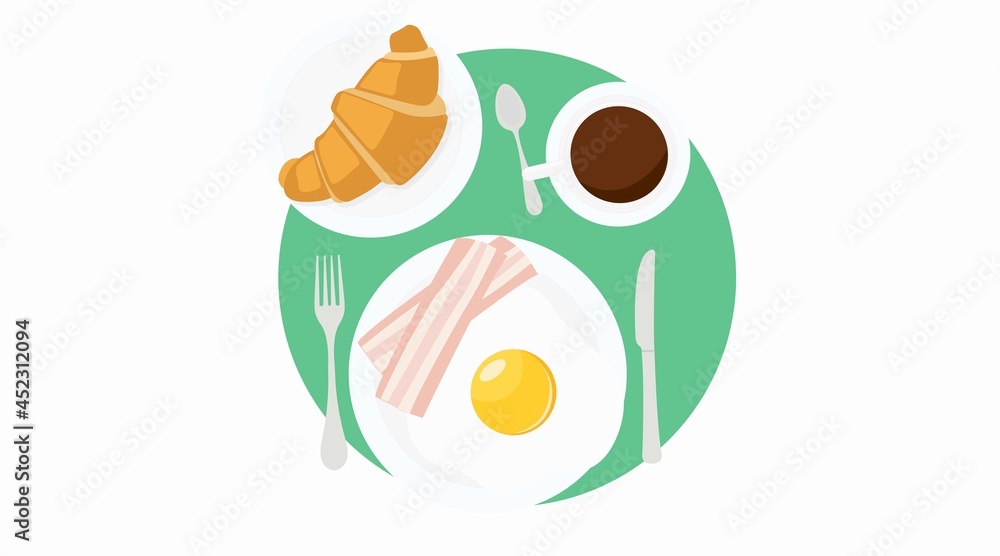 Vector Isolated Ilustration of a Breakfast, with Croissant, Fried Eggs, Bacon, Coffee, Cutlery. Breakfast Sign or Icon Vector Isolated Ilustration of a Breakfast, with Croissant, Fried Eggs, Bacon, Coffee, Cutlery. Breakfast Sign or Icon