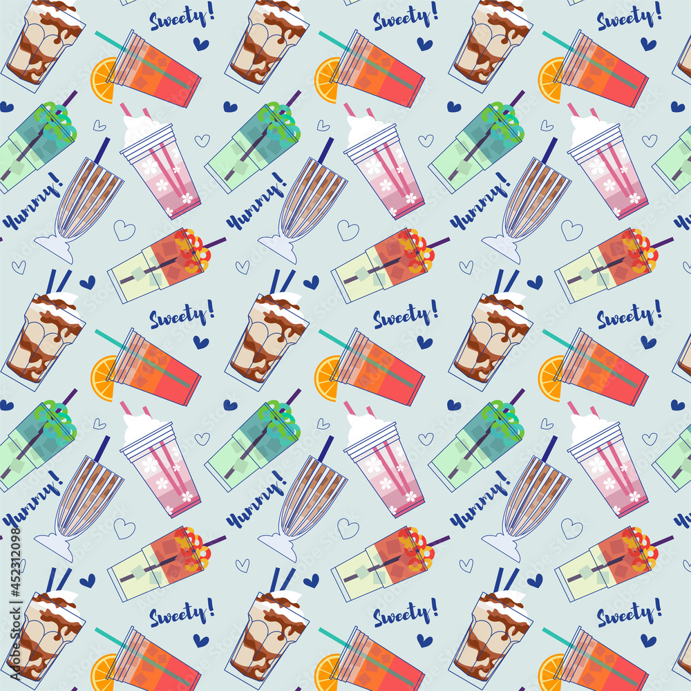 Cocktail pattern background with elements - glass, cream, ice, orange slice, marmalade, heart. Pattern design for textile, texture, fabric. Flat vector illustration. Cocktail pattern background with elements - glass, cream, ice, orange slice, marmalade, heart. Pattern design for textile, texture, fabric. Flat vector illustration.