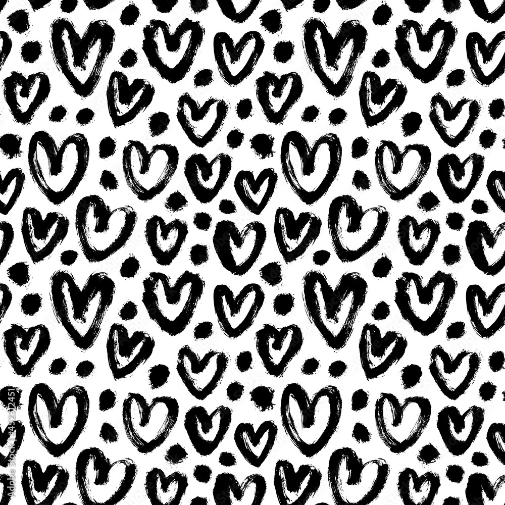 Vector pattern with black hearts and dots. Black-white seamless pattern for Valentine's Day. Hand-drawn charcoal hearts. Romantic and funny ink illustration. Simple repeating chaotic texture. Vector pattern with black hearts and dots. Black-white seamless pattern for Valentine's Day. Hand-drawn charcoal hearts. Romantic and funny ink illustration. Simple repeating chaotic texture.