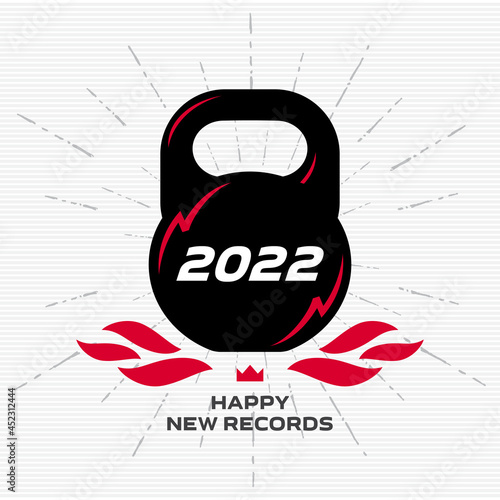 Black kettlebell with glares in the form of lightning and the words 2022. Happy new records in the new year.