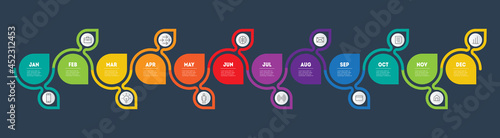 Bright Calendar template for 12 months on dark background. Timeline or infographics with twelve parts. Development of the business. Concept of Innovation Business with options, steps or processes.