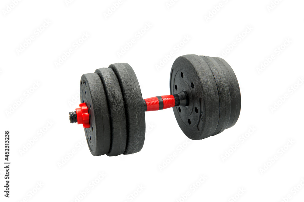 Adjustable dumbbell black and red color, Isolated on white background, Three section weight scale, Lifting for exercise and build muscle arms, Fitness at home for Healthy and Health care concept. Adjustable dumbbell black and red color, Isolated on white background, Three section weight scale, Lifting for exercise and build muscle arms, Fitness at home for Healthy and Health care concept.