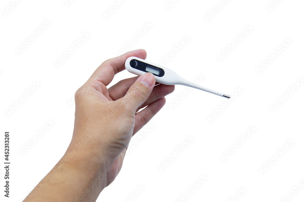 Hand holding, Thermometer with Digital display for use on body, Isolated on white background, Electronic medical device, Initial diagnosis fever of Coronavirus infection and healthcare concept. Hand holding, Thermometer with Digital display for use on body, Isolated on white background, Electronic medical device, Initial diagnosis fever of Coronavirus infection and healthcare concept.