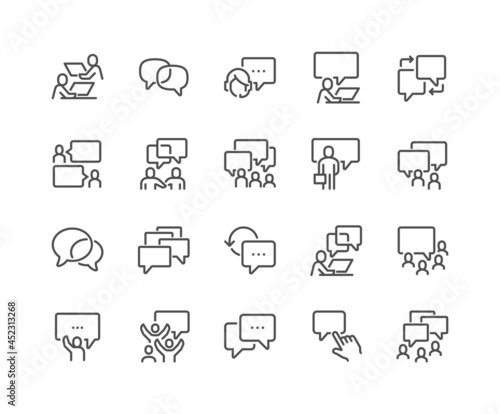 Simple Set of Business Communication Related Vector Line Icons. Contains such Icons as Meeting, Conference Call, Agreement, Chat and more. Editable Stroke. 48x48 Pixel Perfect.