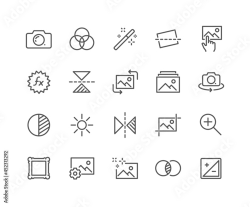 Simple Set of Image Editing Related Vector Line Icons. Contains such Icons as Image Gallery, Auto Correction, Adjustments and more. Editable Stroke. 48x48 Pixel Perfect.
