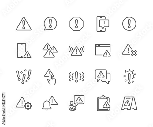 Simple Set of Warnings Related Vector Line Icons. Contains such Icons as Alert, Exclamation Mark, Warning Sign and more. Editable Stroke. 48x48 Pixel Perfect.