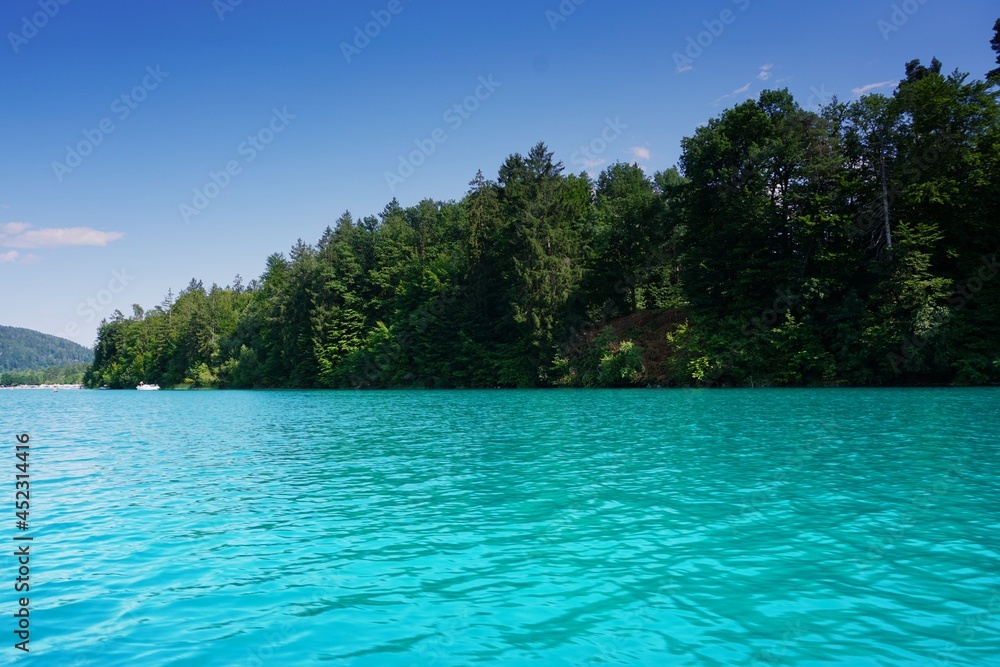 Idyllic view of blue lake Faak in austria with trees in background