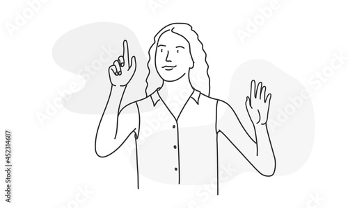 Young woman touching air with fingers.