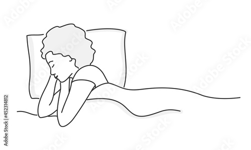 Young serene woman sleeping lying on bed at room home.