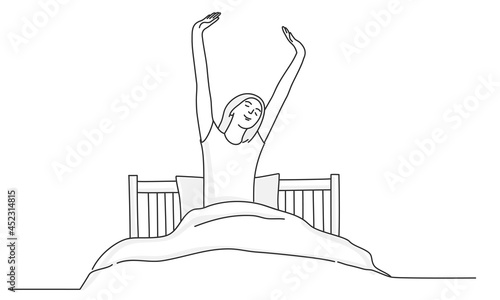 Happy sleepy young woman sipping hands.