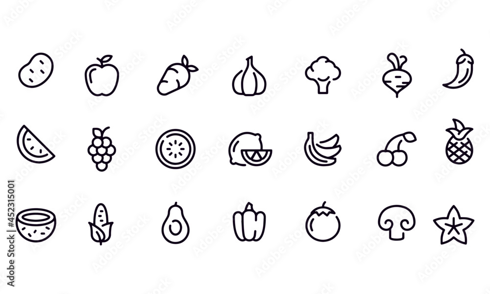 Fruit berry vegetable food line icon vector set