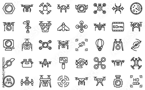 Aerial videography icons set outline vector. Drone camera. Aero filming