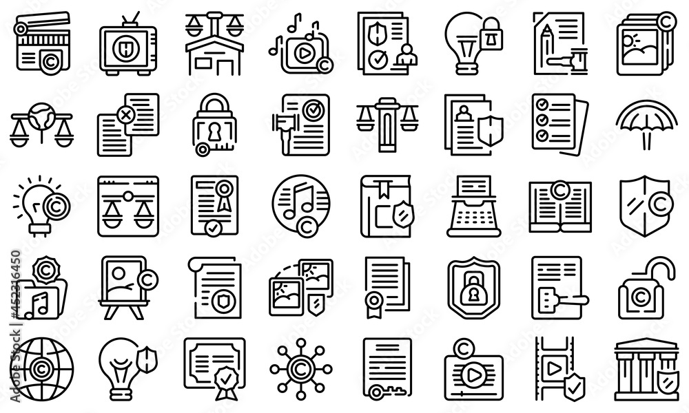 Copyright law icons set outline vector. Author contract. Commercial rights Copyright law icons set outline vector. Author contract. Commercial rights