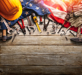 Labor Day - National Holiday - Mechanic Tools And Usa Flag On Wooden Background