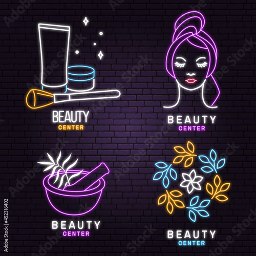 Neon sign. Set of Beauty center emblem with woman face  ceramic candle aroma oil lamp  mortar and pestle  lipstick. Beauty center label  badge  sign for cosmetics  jewellery  beauty. Vector