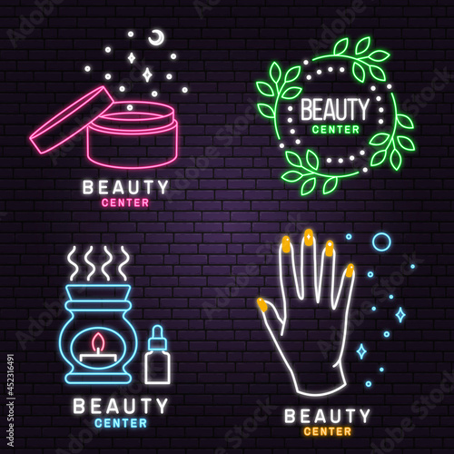 Neon sign. Set of Beauty center emblem with woman face, ceramic candle aroma oil lamp, mortar and pestle, lipstick. Beauty center label, badge, sign for cosmetics, jewellery, beauty. Vector