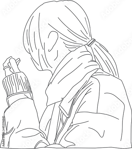 Line art of a woman wearing a coat and a muffler facing away the camera