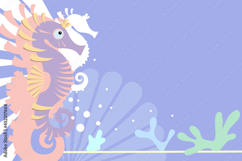 Abstract sea horse and seahorse silhouettes on purple background. Copy space. Underwater composition for design. Sea collection. Flat style.