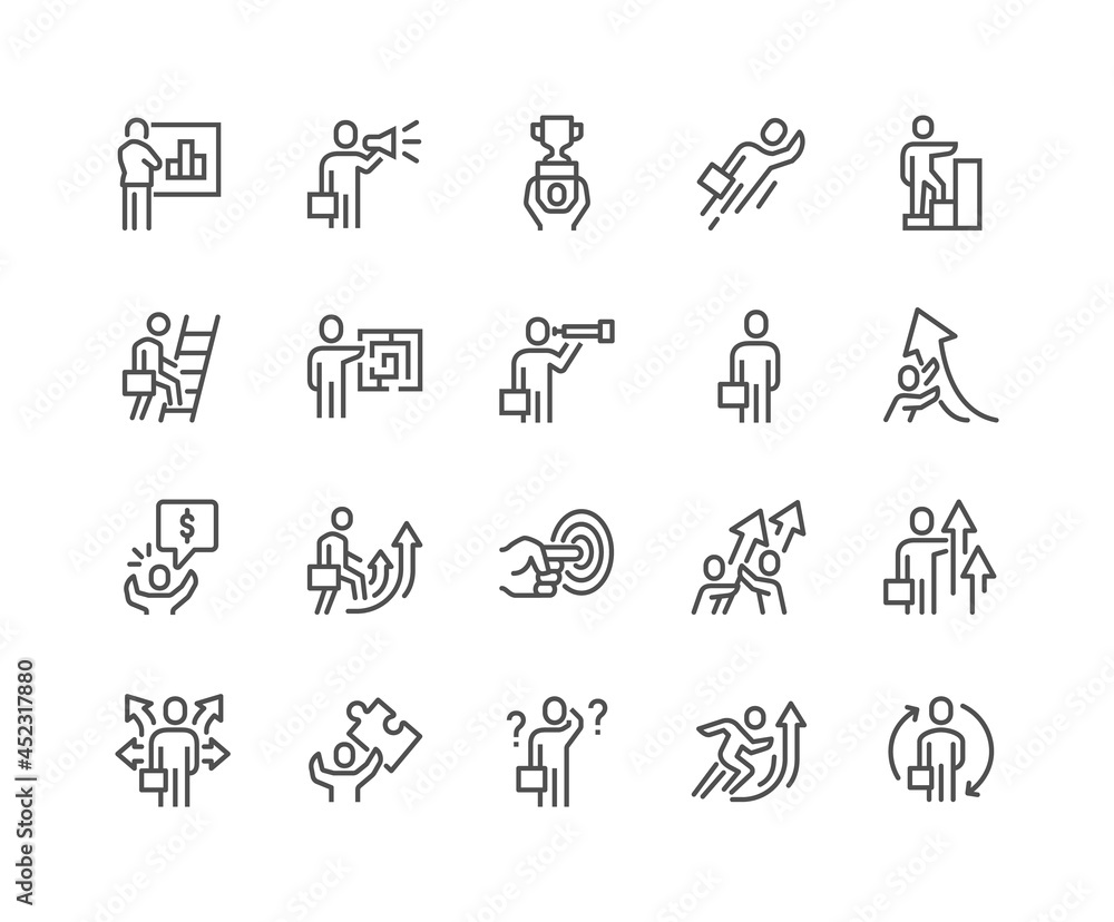 Simple Set of Business People Related Vector Line Icons. Contains such Icons as New Course, Confused Business man, Opportunities and more. Editable Stroke. 48x48 Pixel Perfect.